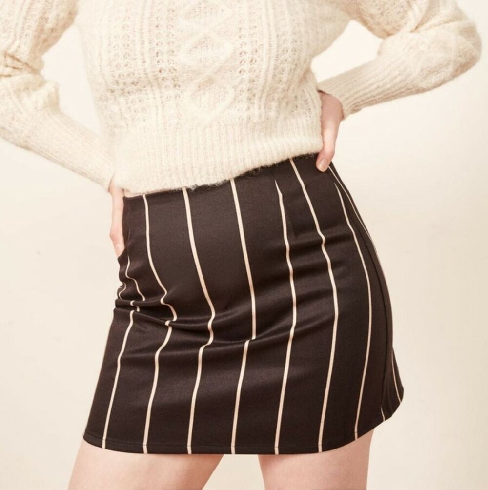 Reformation Jamie Sinatra Stripe Denim Mini Skirt High Rise Pinstripe Brown 2
